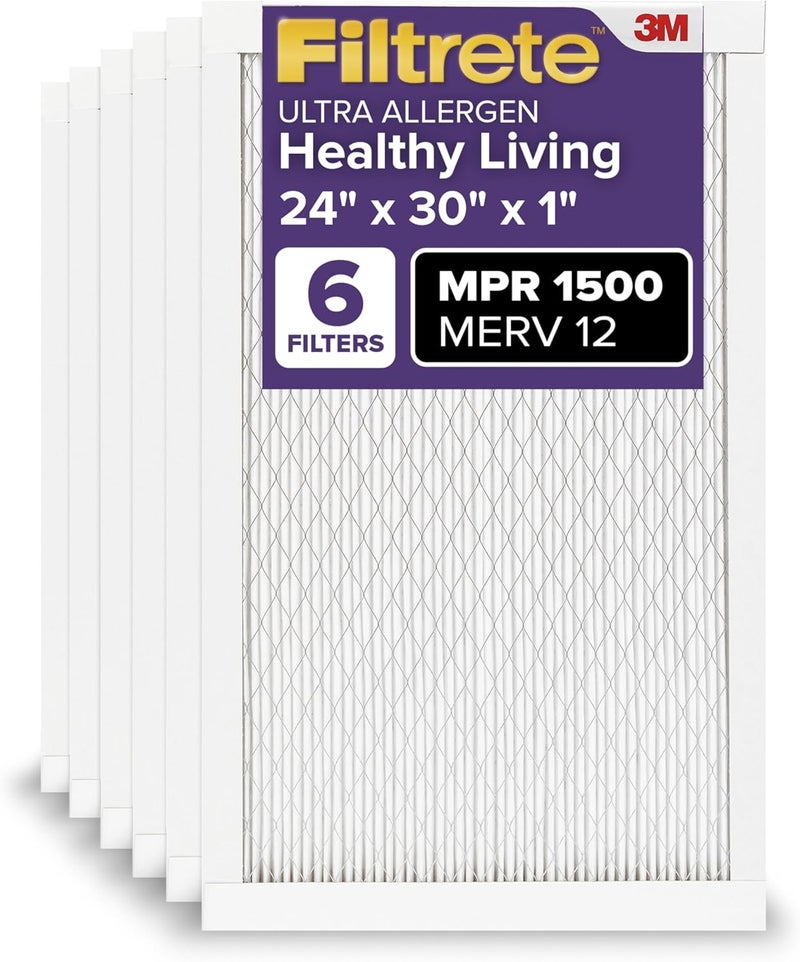 FILTRETE 24x30x1 AC Furnace Air Filter, MERV 12, MPR 1500, CERTIFIED asthma & allergy friendly, 3 Month Pleated 1-Inch Electrostatic Air Cleaning Filter, 6-Pack (Actual Size 23.81x29.81x0.78 in) - Image 1