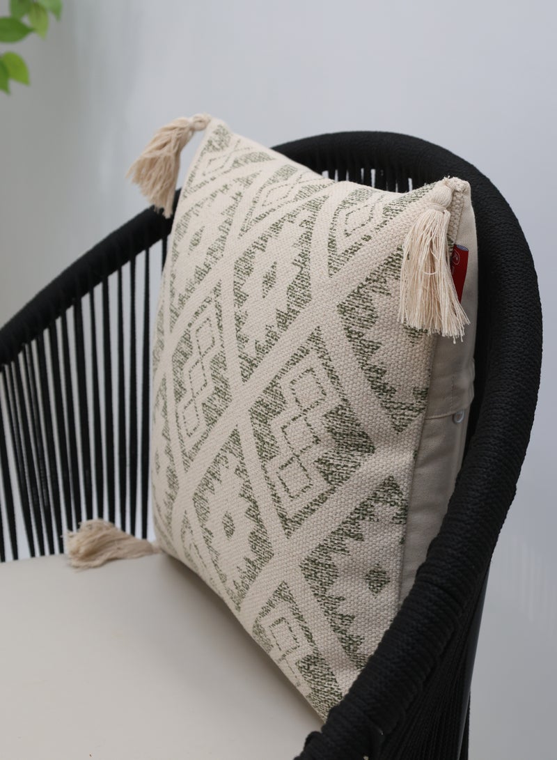 Ramsha Beige and Cream Color Printed  Cotton Home Decor Tassel Cushion with insert for bedroom– CS 325 - Image 1