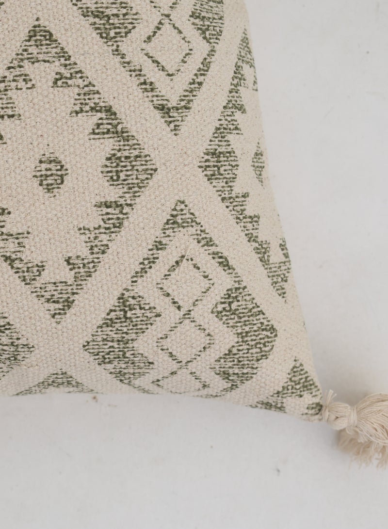 Ramsha Beige and Cream Color Printed  Cotton Home Decor Tassel Cushion with insert for bedroom– CS 325 - Image 3