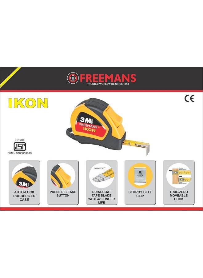 FREEMANS FREEMANS IKON 3m:16mm Steel Inchi Measuring Tape - 3m (Yellow & Black) With Unbreakable ABS case || Soft Grip Bi-material Case || Auto-lock and Belt Clip  - Image 3