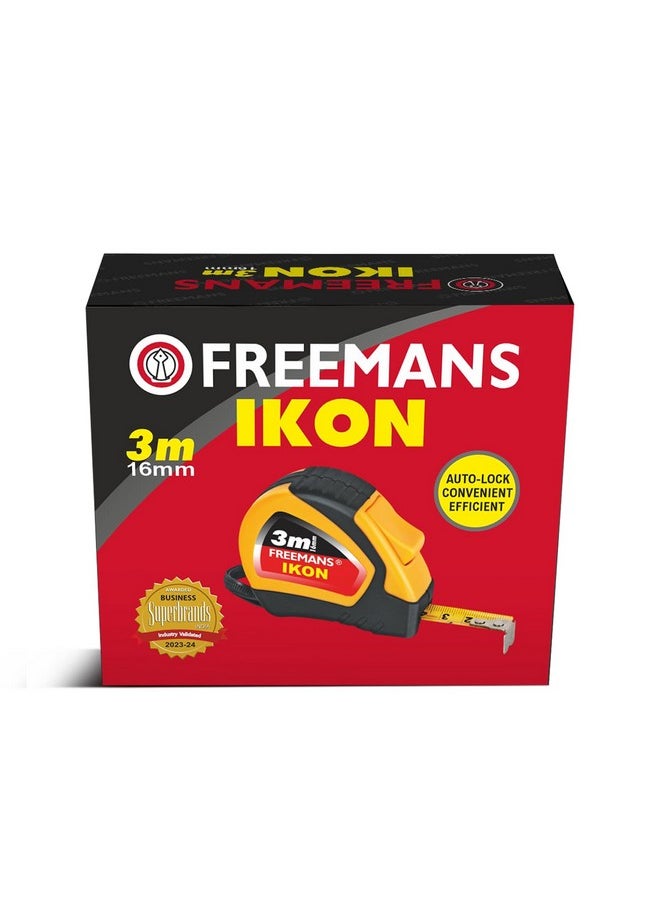 FREEMANS FREEMANS IKON 3m:16mm Steel Inchi Measuring Tape - 3m (Yellow & Black) With Unbreakable ABS case || Soft Grip Bi-material Case || Auto-lock and Belt Clip  - Image 2
