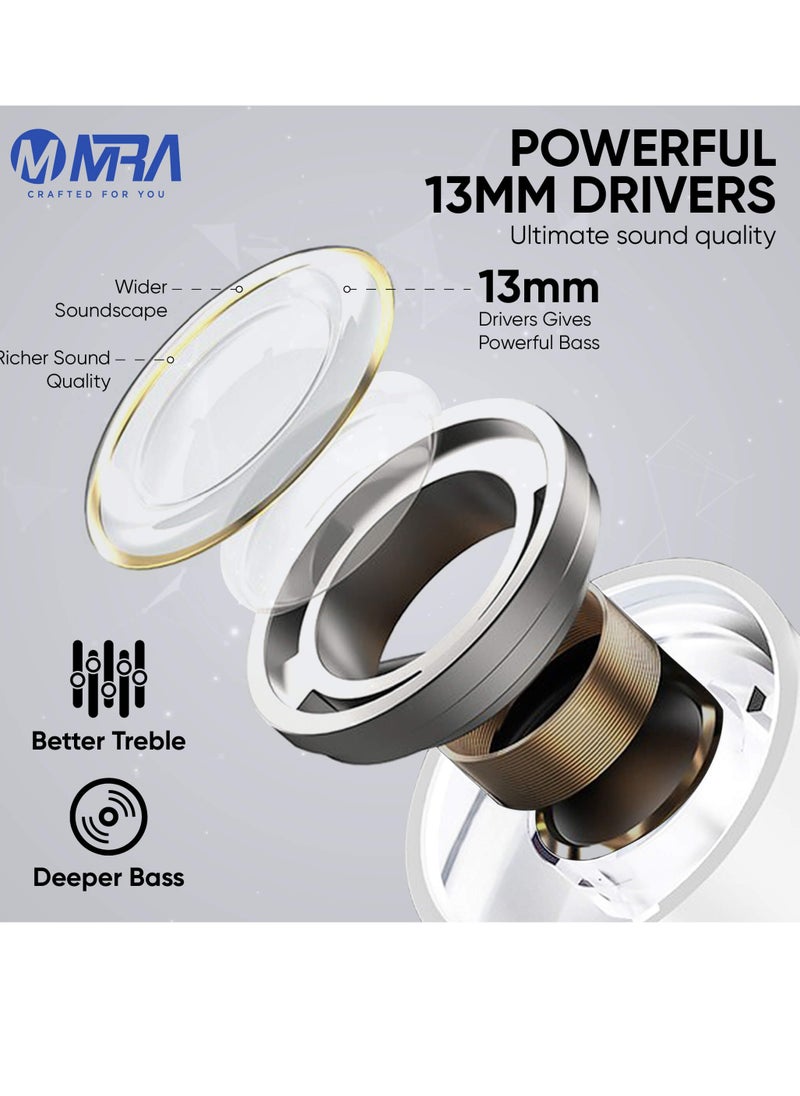 MRA - Earbuds, Long Battery Life, Deep Bass with 13mm Drivers, Waterproof, 5.3 Bluetooth for Stable Connection, Noise-Cancelling, Easy Tap-to-Control, Battery Status Indicator on Case, Premium Earphones for Music/Calls - Image 1