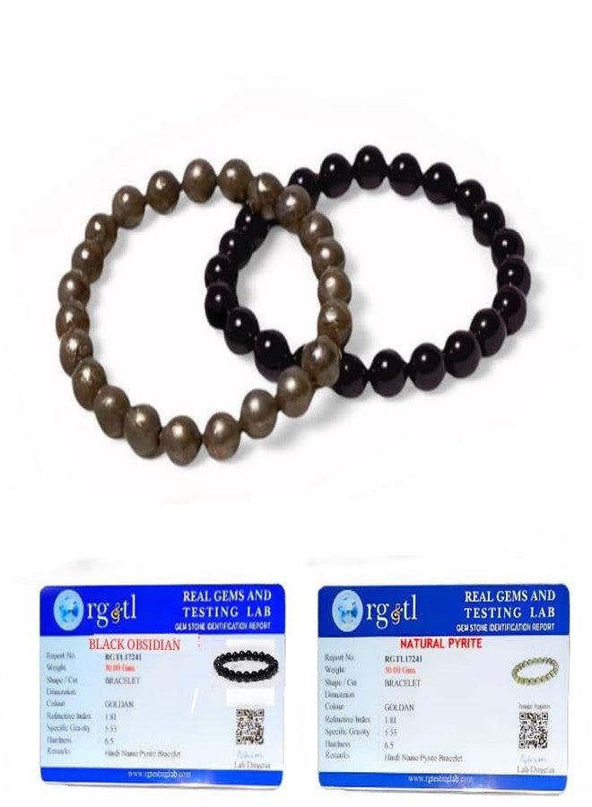 SAINTIMO ® Riche Rich Combo (Pyrite bracelet + Black Obsidian Bracelet) | Lab Test Certificate, Crystal Attracts Business Luck |Protective Energy |Wealth Finance - Image 1