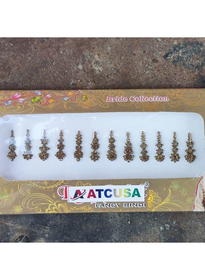 ATCUSA 12 Golden Long Crystal Bindi Bridal face Jewels Forehead Tika Indian Bindis for women bindi Indian multicolor round long small gold (Long 12 Bindi - Golden Color) - Image 3