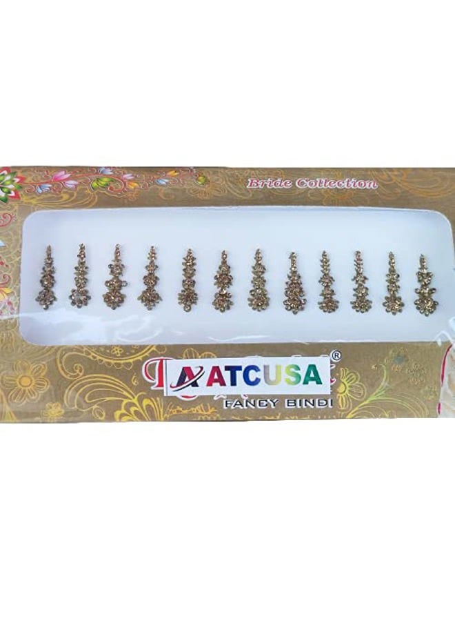 ATCUSA 12 Golden Long Crystal Bindi Bridal face Jewels Forehead Tika Indian Bindis for women bindi Indian multicolor round long small gold (Long 12 Bindi - Golden Color) - Image 1