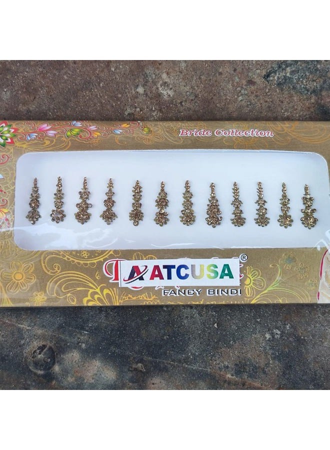 ATCUSA 12 Golden Long Crystal Bindi Bridal face Jewels Forehead Tika Indian Bindis for women bindi Indian multicolor round long small gold (Long 12 Bindi - Golden Color) - Image 2