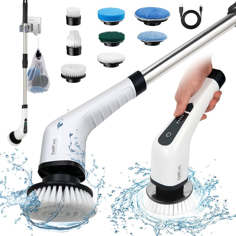 Electric Spin Scrubber FARI Shower Cleaning Brush with 8 Replaceable Drill Brush Heads Cordless Power Scrubber with Adjustable Handle Bathroom and Shower Cleaner