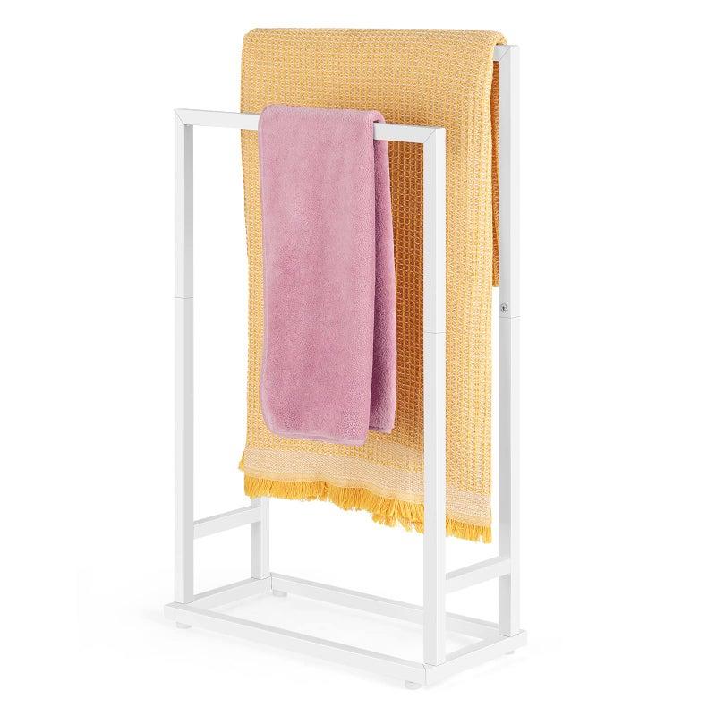BTY Freestanding Towel Racks for Bathroom 2 Tier Hand Towel Drying Rack Metal Blanket Towel Holder Stand for Bedroom Indoor Outdoor Pool Small Blanket Rack Matte White 