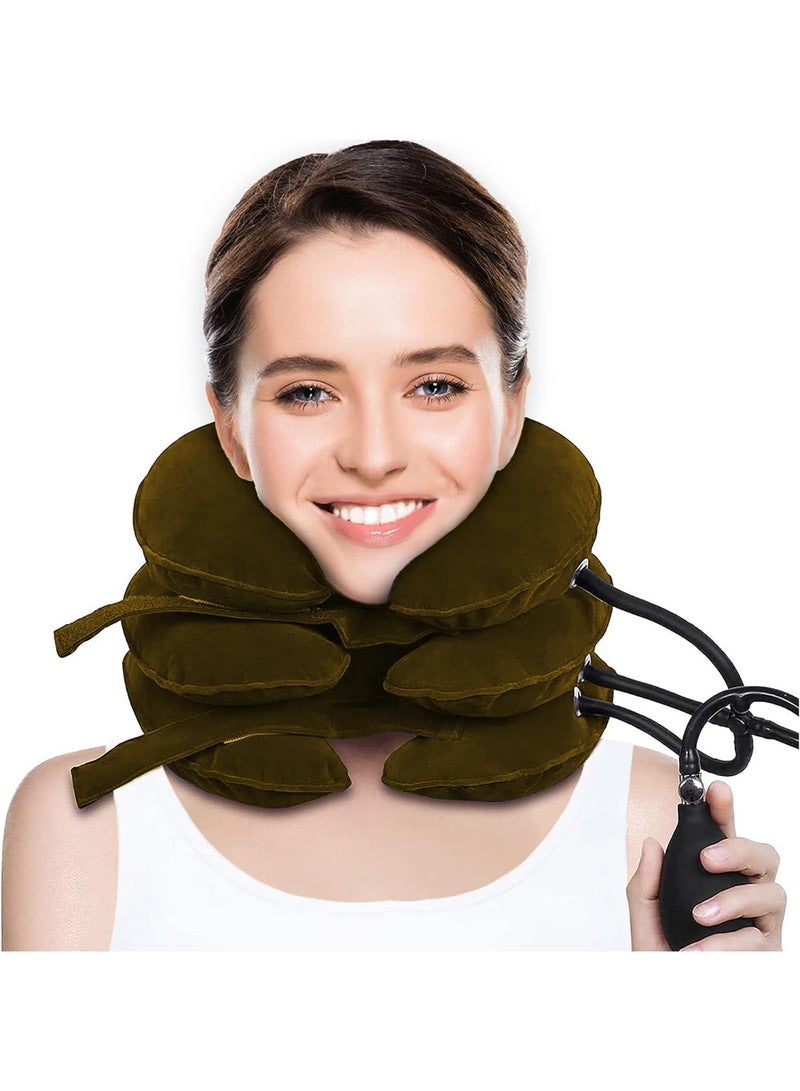 شابية جهاز شد الرقبة العنقي لتخفيف آلام الرقبة، دعامة رقبة قابلة للنفخ وقابلة للتعديل، وسادة شد الرقبة لتخفيف الضغط على الرقبة وتوترها (بني) - Image 1