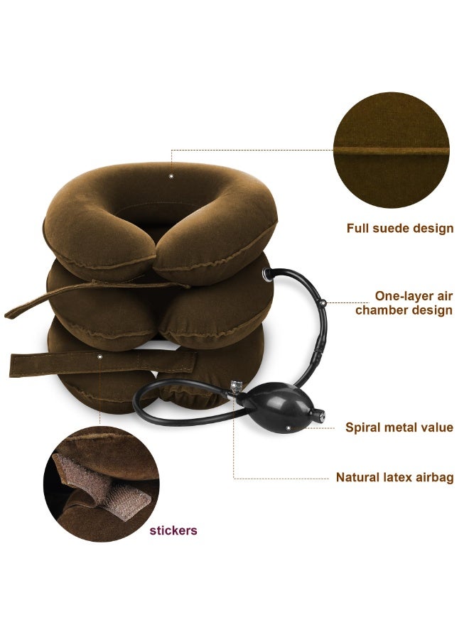 شابية جهاز شد الرقبة العنقي لتخفيف آلام الرقبة، دعامة رقبة قابلة للنفخ وقابلة للتعديل، وسادة شد الرقبة لتخفيف الضغط على الرقبة وتوترها (بني) - Image 4