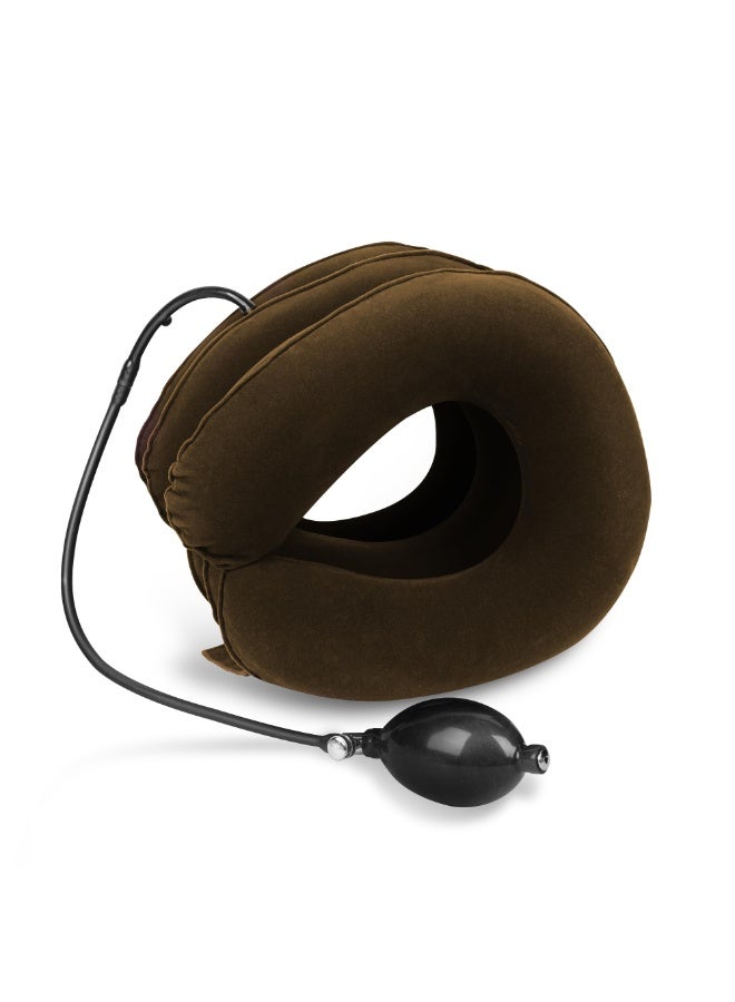 شابية جهاز شد الرقبة العنقي لتخفيف آلام الرقبة، دعامة رقبة قابلة للنفخ وقابلة للتعديل، وسادة شد الرقبة لتخفيف الضغط على الرقبة وتوترها (بني) - Image 3