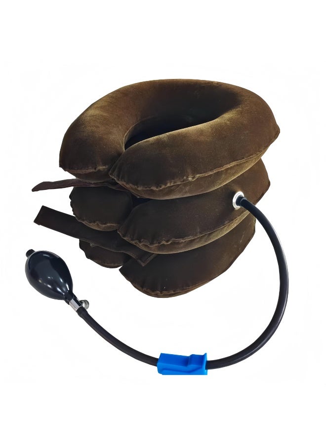 شابية جهاز شد الرقبة العنقي لتخفيف آلام الرقبة، دعامة رقبة قابلة للنفخ وقابلة للتعديل، وسادة شد الرقبة لتخفيف الضغط على الرقبة وتوترها (بني) - Image 2