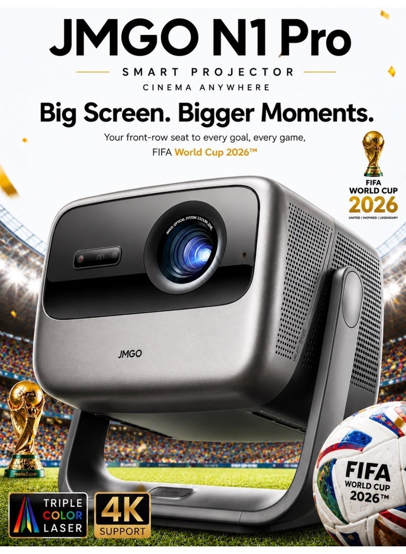 JMGO ARE YOU READY FOR THE WORLD CUP !! JMGO N1 Pro Triple Laser Projector, 1500 CVAI (3200 ANSI Lumens), FHD, 4K HDR10, Android TV 11, Blu Ray 3D, DTS & Dolby Audio, Dynaudio Speakers, 240Hz, Wi Fi 6, Bluetooth 5, Smart Object Avoidance - Image 1