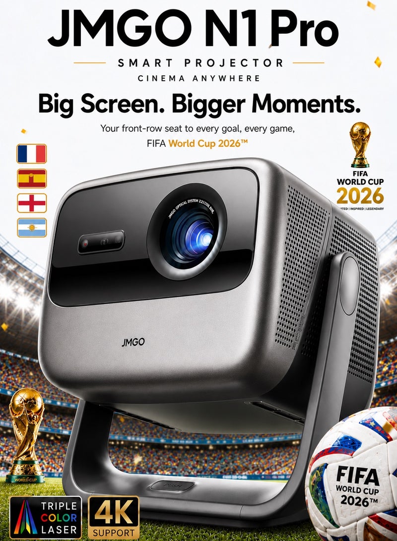 JMGO WATCH THE WORLD CUP FINAL 2026 with JMGO N1 Pro Triple Laser Projector, 1500 CVAI (3200 ANSI Lumens), FHD, 4K HDR10, Android TV 11, Blu Ray 3D, DTS & Dolby Audio, Dynaudio Speakers, 240Hz, Wi Fi 6, Bluetooth 5, Smart Object Avoidance - Image 1