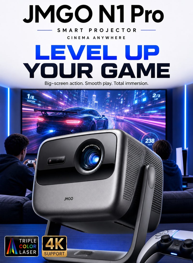 JMGO Video Games & Movies Like Never Before with JMGO N1 Pro Triple Laser Projector, 1500 CVAI (3200 ANSI Lumens), FHD, 4K HDR10, Android TV 11, Blu Ray 3D, DTS & Dolby Audio, Dynaudio Speakers, 240Hz, Wi Fi 6, Bluetooth 5, Smart Object Avoidance - Image 1