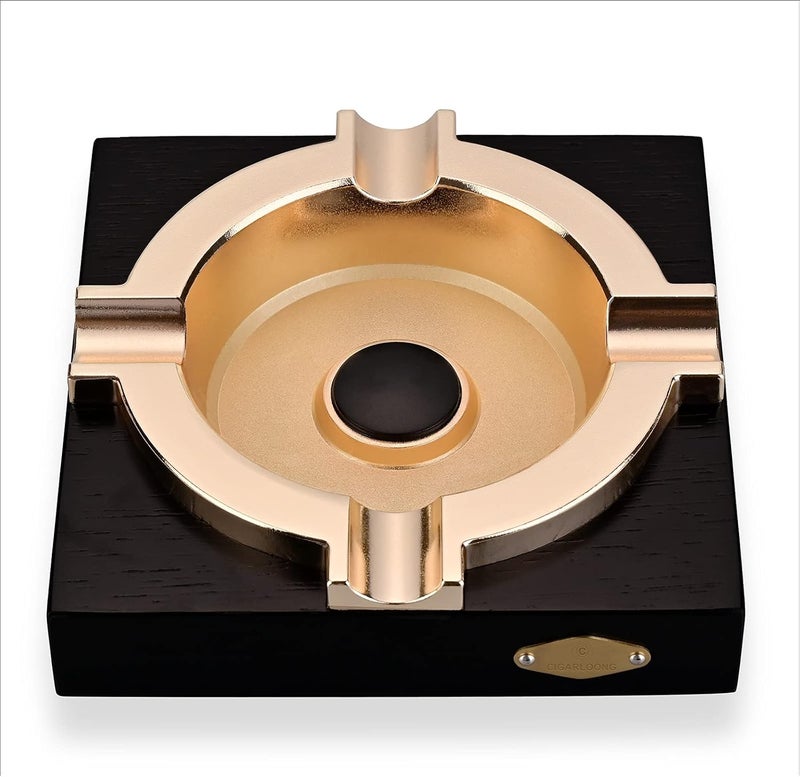 Large Cigar Ashtray for 4 Cigars - Wooden & Stainless Steel Luxury Ash Tray for Home/Office/Patio Use (Black ) - Image 1