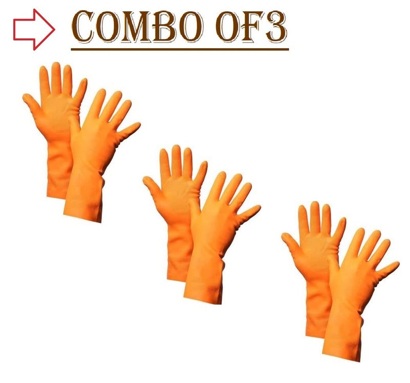 Ekon Combo Of 3 Latex Non Slip Multipurpose Heavy Duty Reusable Safety Rubber Hand Gloves For Chemical Resistance Protective Lab Gardening Industrial Building Construction Agriculture Work Orange - Image 2