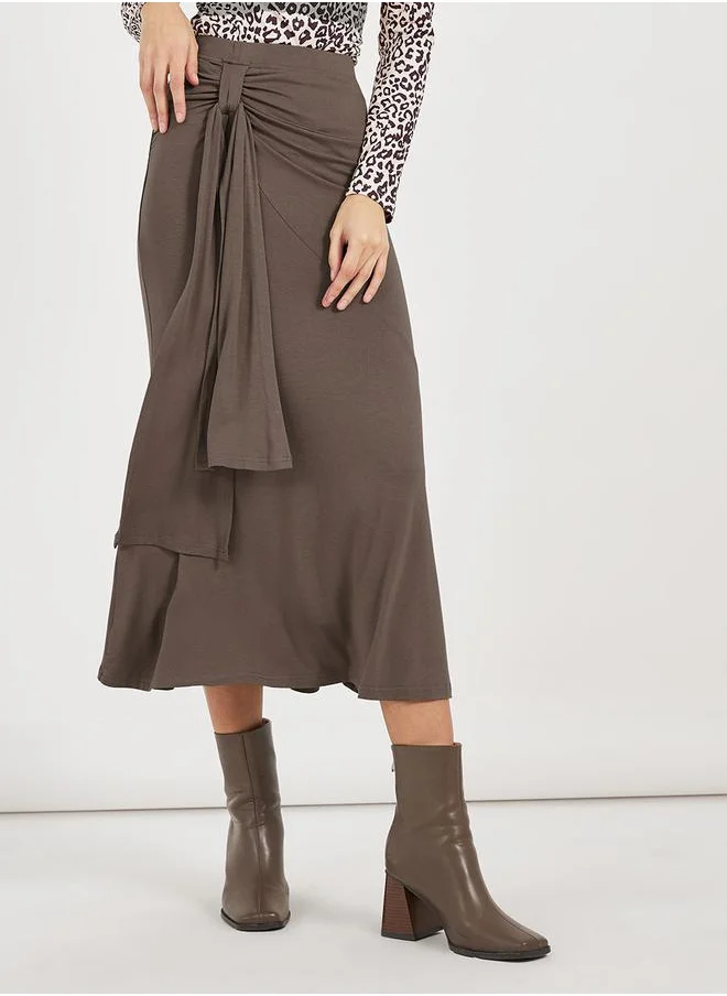 Styli Tie Draped Detail Solid Midi Skirt