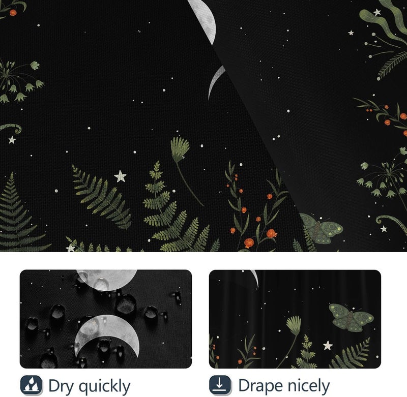 Coxila Moon Phase Shower Curtain Set Moonlit Celestial Plant Goth Gothic Witch Witchy Mysticism Toilet Lid Cover U Shaped Bath Mat 4 Pcs Decor Bathroom Non-Slip Rug Fabric Polyester 60x72 Inch - Image 4