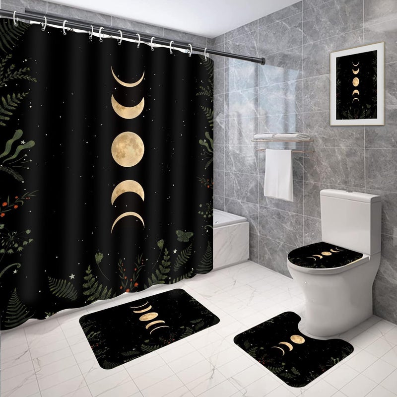 Coxila Moon Phase Shower Curtain Set Moonlit Celestial Plant Goth Gothic Witch Witchy Mysticism Toilet Lid Cover U Shaped Bath Mat 4 Pcs Decor Bathroom Non-Slip Rug Fabric Polyester 60x72 Inch - Image 1