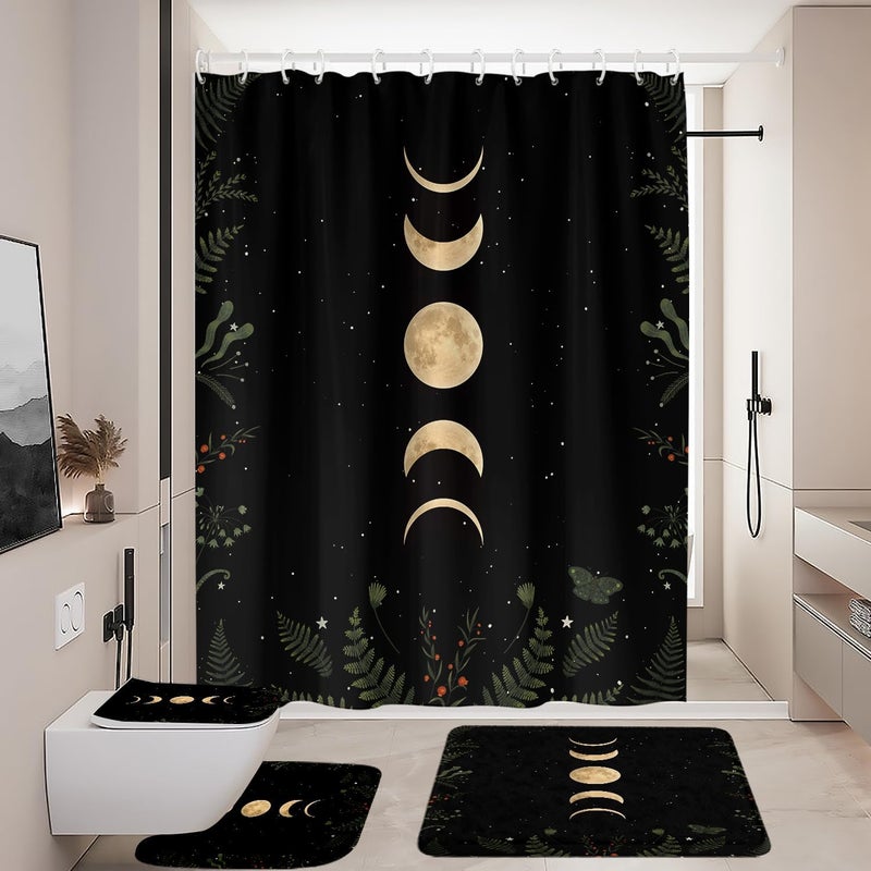 Coxila Moon Phase Shower Curtain Set Moonlit Celestial Plant Goth Gothic Witch Witchy Mysticism Toilet Lid Cover U Shaped Bath Mat 4 Pcs Decor Bathroom Non-Slip Rug Fabric Polyester 60x72 Inch - Image 2