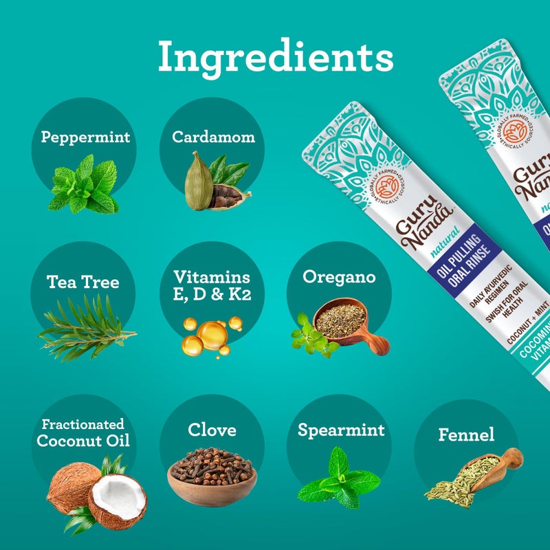 GuruNanda Travel Sachets Coconut Oil Pulling, Fresh Breath Mouthwash, 7 Essential Oils & Vitamins for Happy Teeth & Gums, 7 Sachets - Image 3