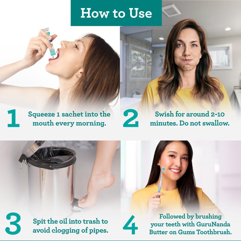 GuruNanda Travel Sachets Coconut Oil Pulling, Fresh Breath Mouthwash, 7 Essential Oils & Vitamins for Happy Teeth & Gums, 7 Sachets - Image 5