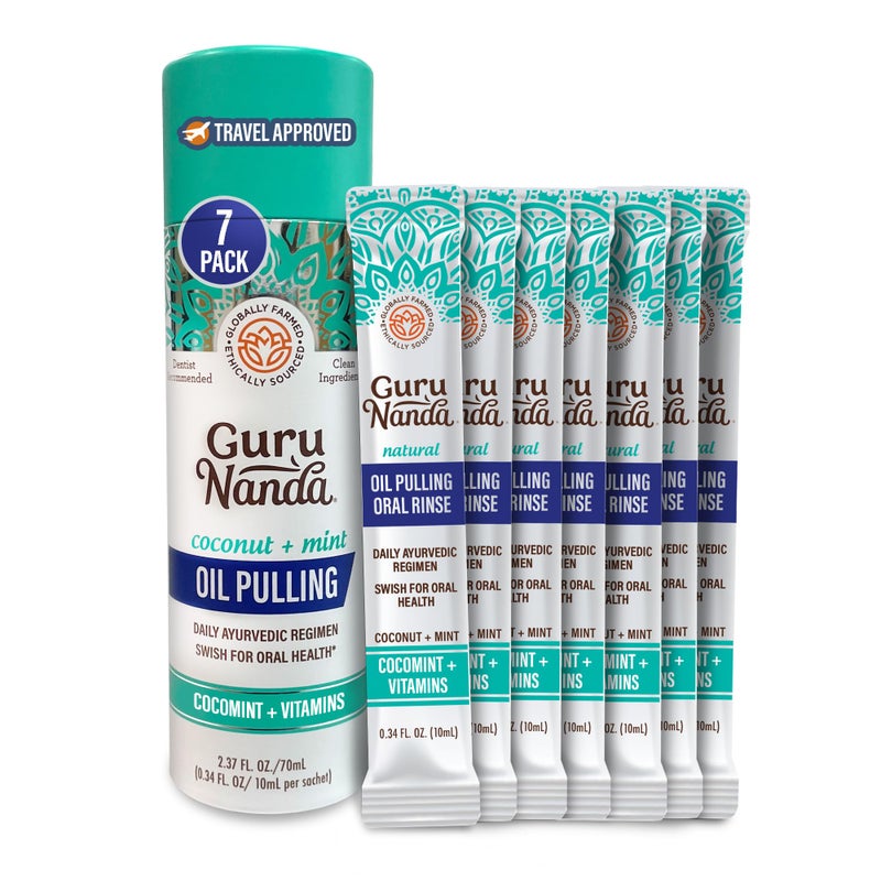 GuruNanda Travel Sachets Coconut Oil Pulling, Fresh Breath Mouthwash, 7 Essential Oils & Vitamins for Happy Teeth & Gums, 7 Sachets - Image 1