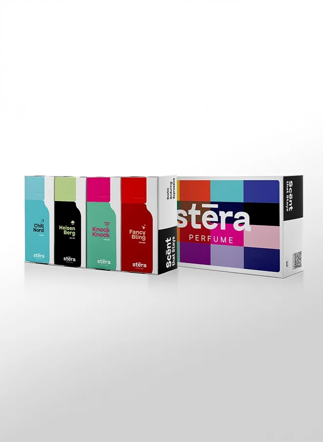 Stera Perfume PLAYFUL CHARISMA Mixed Perfume Set of 4 - CHILL NORD (M) + HEISEN BERG (M) + KNOCK KNOCK (W) + FANCY BLING (W) Eau De Parfum - 50ml (Each), Premium Gift Set