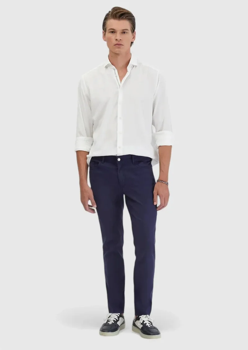 RAMSEY Navy Blue Weaving Slim Fit Casual Linen Blended Trousers