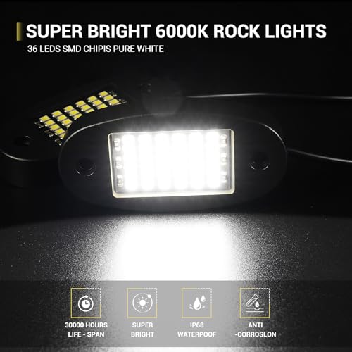 Hovano 20 Pods White Rock Lights 6000K Pure White 36 LEDs SMD Chips Super Bright Neon Underglow Light IP68 Waterproof for Pickup Trucks SUV UTV ATV RZR Car Boats White - Image 3