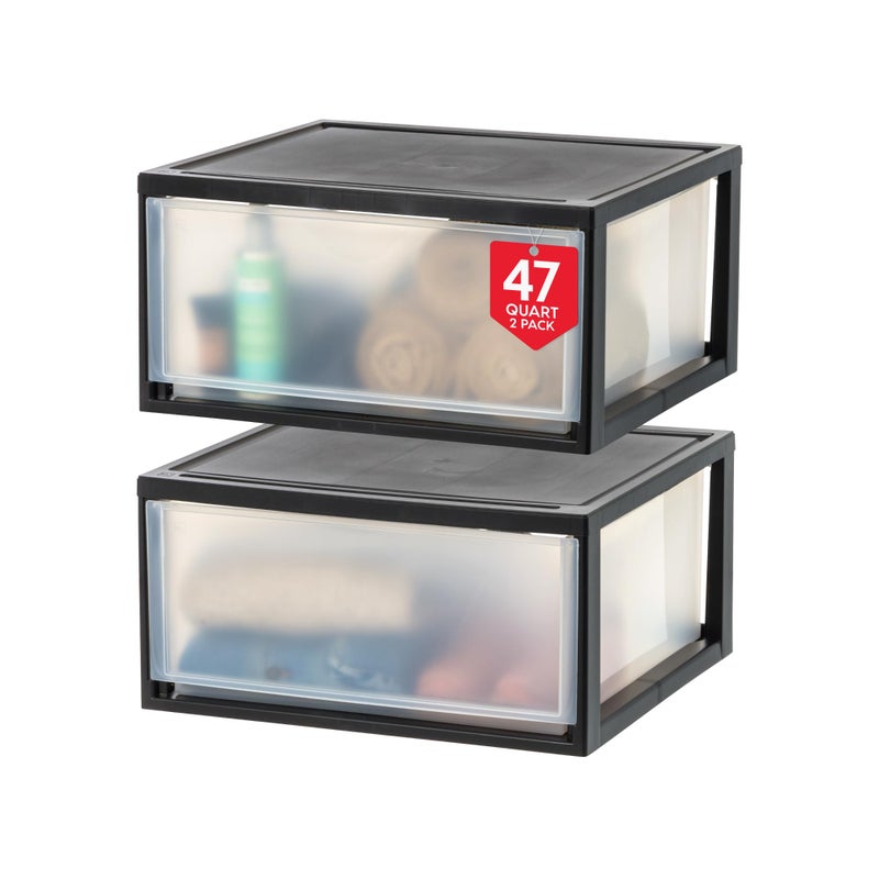 IRIS IRIS USA 47 Qt Plastic Drawer Storage Organizer Stacking Drawers 2Pack Stackable Unit with Sliding Drawer for Clothes Bedroom Kitchen Under Sink Pantry Craft Room Bathroom Dorm Office Black