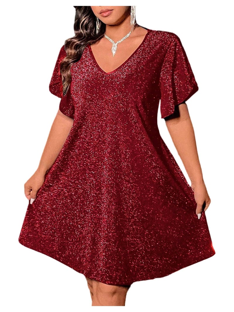OYOANGLE Women's Plus Size Cocktial Dress Sparkly Glitter Short Sleeve Summer Flared Club Party Dress Red 2XL - Image 1