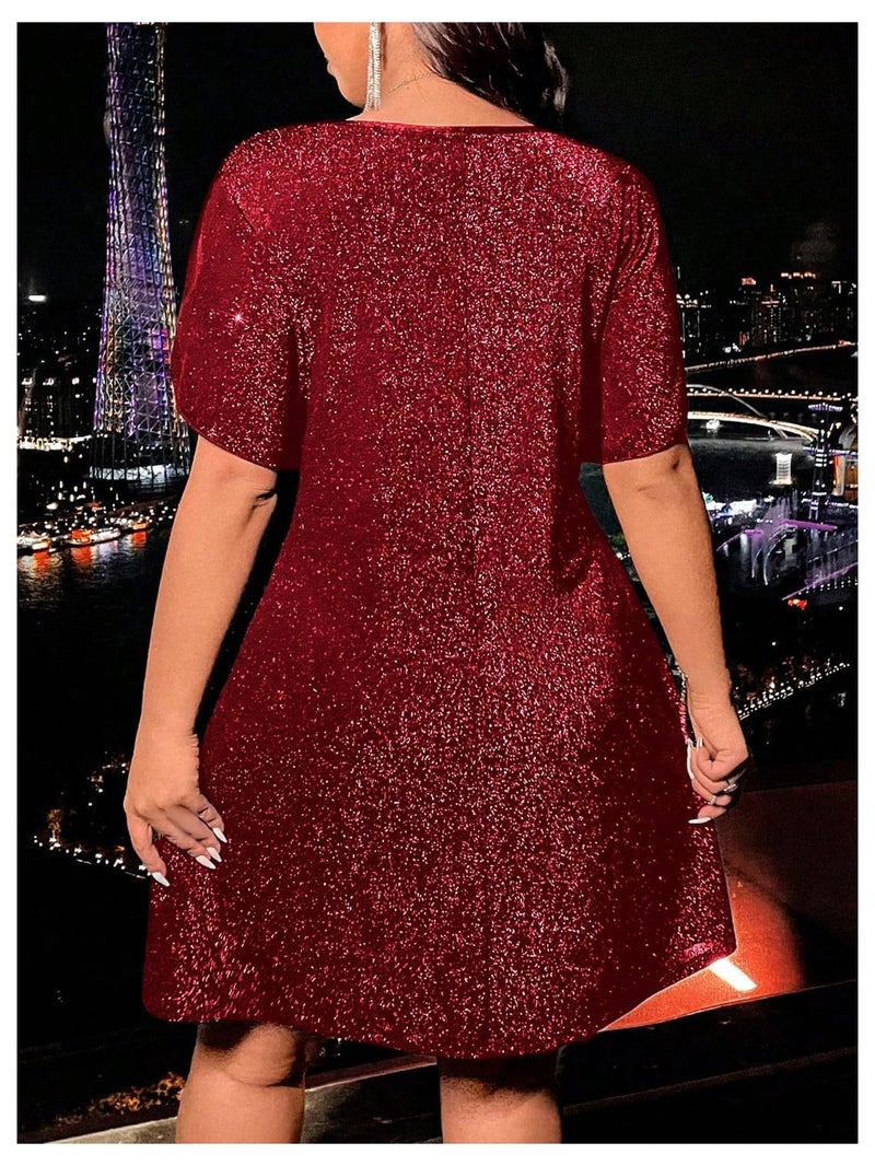 OYOANGLE Women's Plus Size Cocktial Dress Sparkly Glitter Short Sleeve Summer Flared Club Party Dress Red 2XL - Image 2