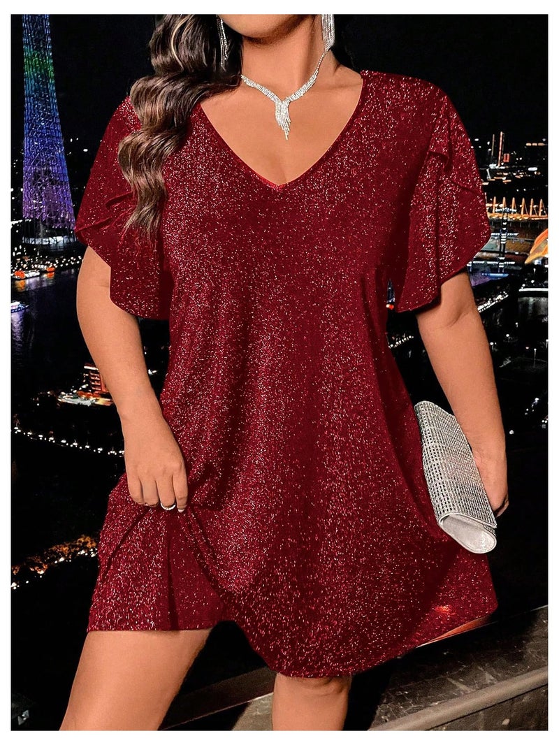 OYOANGLE Women's Plus Size Cocktial Dress Sparkly Glitter Short Sleeve Summer Flared Club Party Dress Red 2XL - Image 4