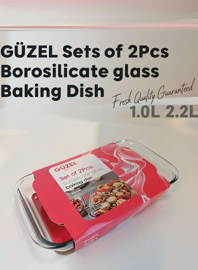 Guzel 2-Piece Rectangular Glass Oven Baking Dish Set, Sizes Medium 1.0L, Large 2.2L - Image 2