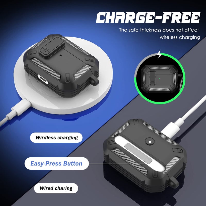 RFUNGUANGO for AirPods Pro Case Cover with Cleaner Kit, Military Hard Shell Protective Armor with Lock for AirPod Pro Charging Case, Front LED Visible,Black - Image 4