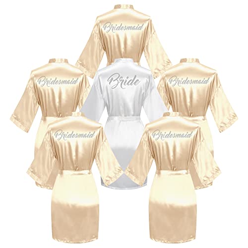 Valennia 6 Pieces Bridal Shower Bathrobe For Bride and Bridesmaid Robe With Rhinestone Getting Ready Kimono Gown - Image 1