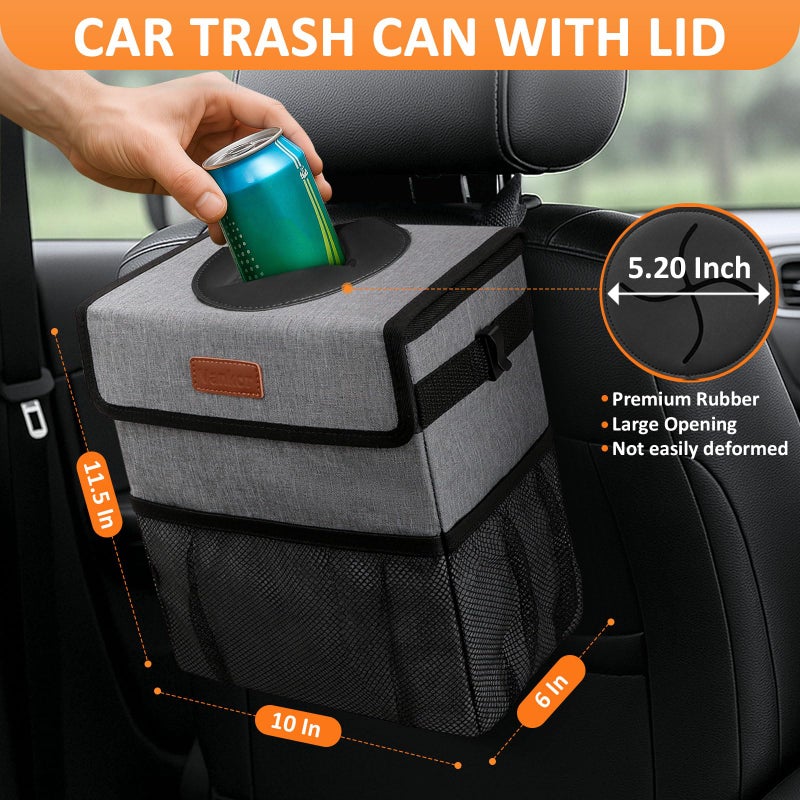 Vankor 3 Gallons Car Trash Can with Lid, Car Trash Bag Bin Hanging Waterproof Automotive Garbage Cans Leak Proof Vehicle Can Grey - Image 2