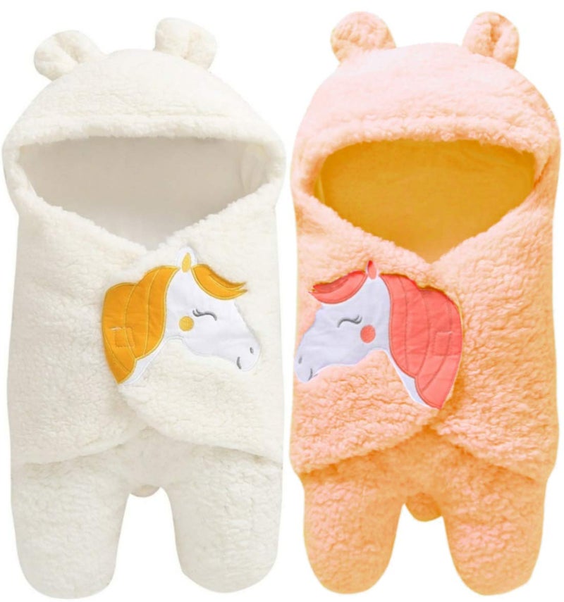 BRANDONN Newborn Baby Blanket Wrapper Premium Unicorn Design Peach, White -Combo of 2 - Image 1