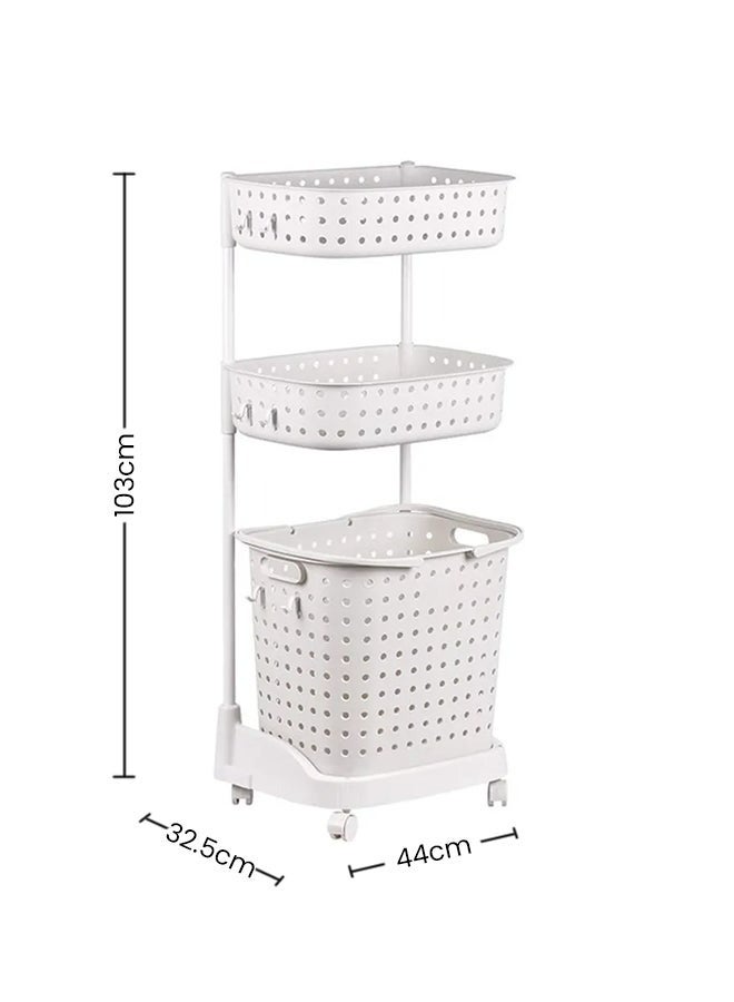 RollsTimi  3-Tier Laundry Basket With Wheels White 44x32.5x103cm - Image 2