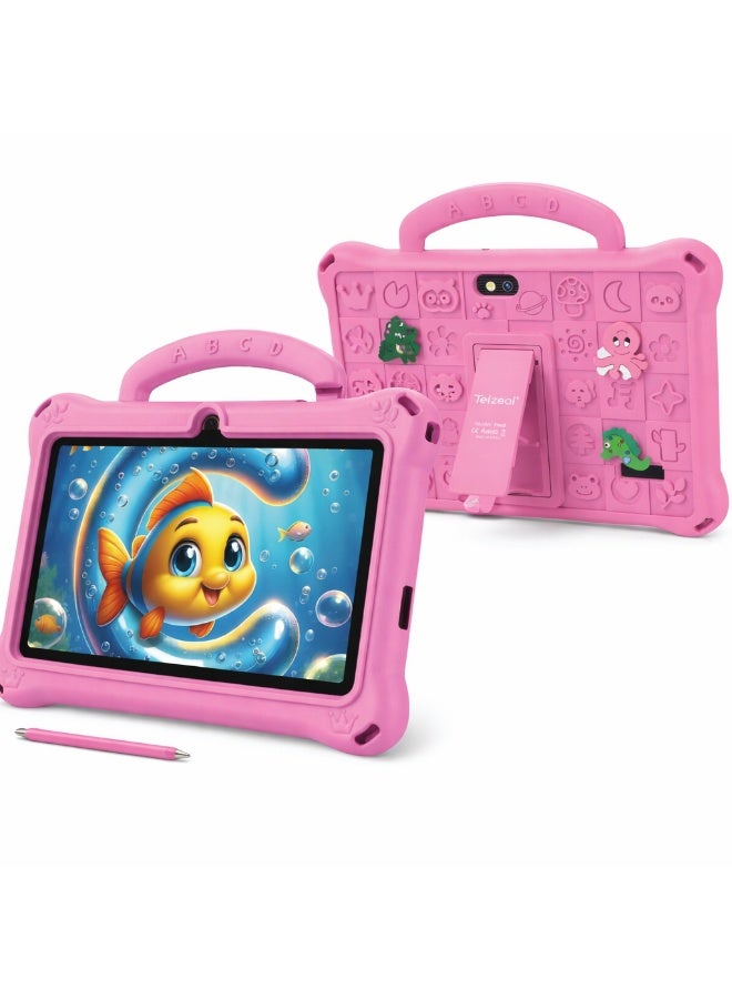 Telzeal P603 Kids Tablet 7 Inch HD (6GB RAM + 128GB) Android 13, Dual Camera, 3000mAh Battery, WiFi, Shockproof EVA Handle Case with Stylus, Stickers & Screen Protector – Pink - Image 1