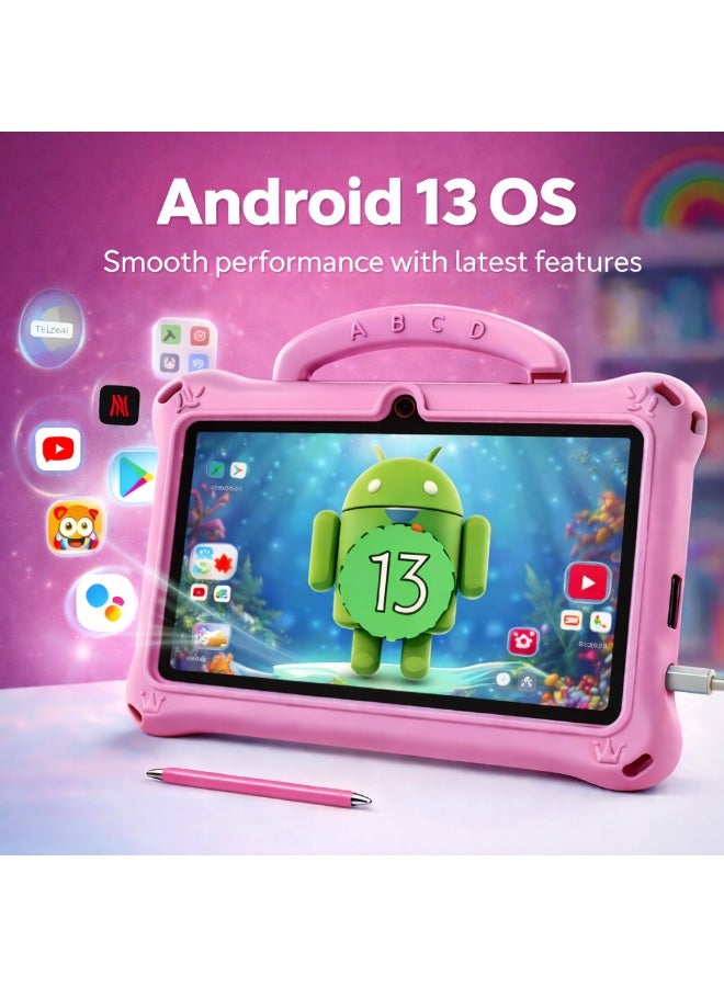 Telzeal P603 Kids Tablet 7 Inch HD (6GB RAM + 128GB) Android 13, Dual Camera, 3000mAh Battery, WiFi, Shockproof EVA Handle Case with Stylus, Stickers & Screen Protector – Pink - Image 3