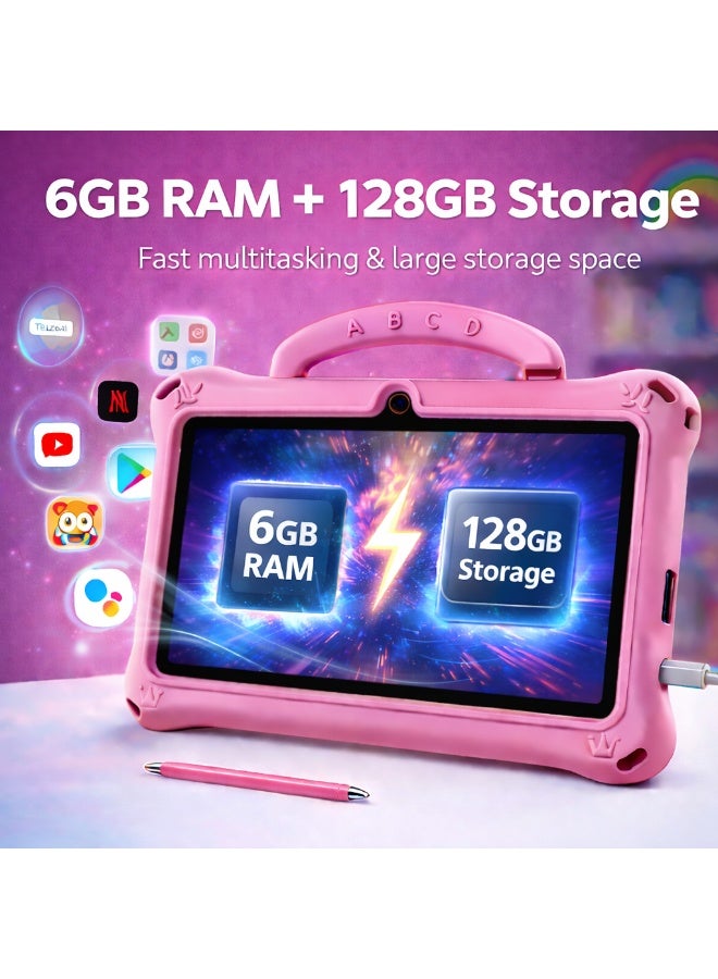 Telzeal P603 Kids Tablet 7 Inch HD (6GB RAM + 128GB) Android 13, Dual Camera, 3000mAh Battery, WiFi, Shockproof EVA Handle Case with Stylus, Stickers & Screen Protector – Pink - Image 4