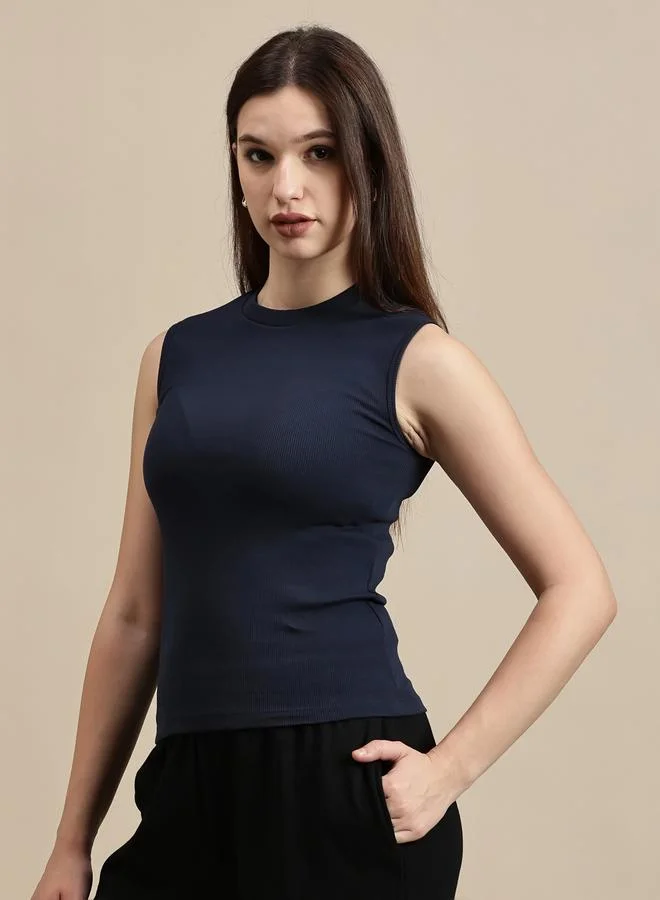 ECOLORE Navy Blue Ribbed Sleeveless Top