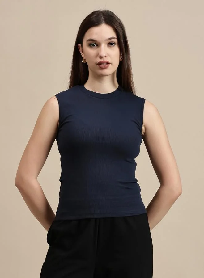 ECOLORE Navy Blue Ribbed Sleeveless Top