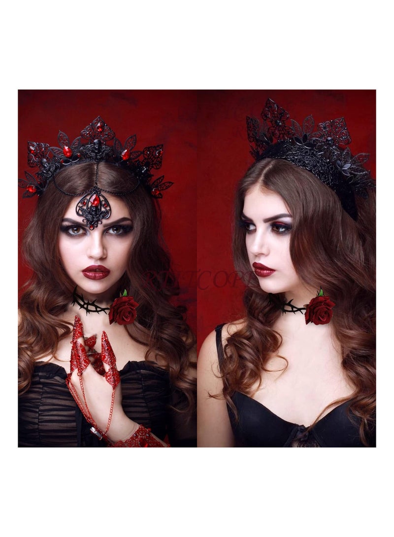 Excefore مراوح يد قابلة للطي من الدانتيل الأسود مع وردة، قلادة تشوكر على شكل زهرة للنساء، تصميم إسباني قديم لمروحة يد مزهرة، - Image 4