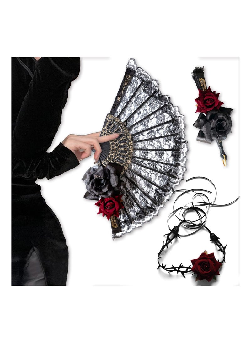 Excefore مراوح يد قابلة للطي من الدانتيل الأسود مع وردة، قلادة تشوكر على شكل زهرة للنساء، تصميم إسباني قديم لمروحة يد مزهرة، - Image 1