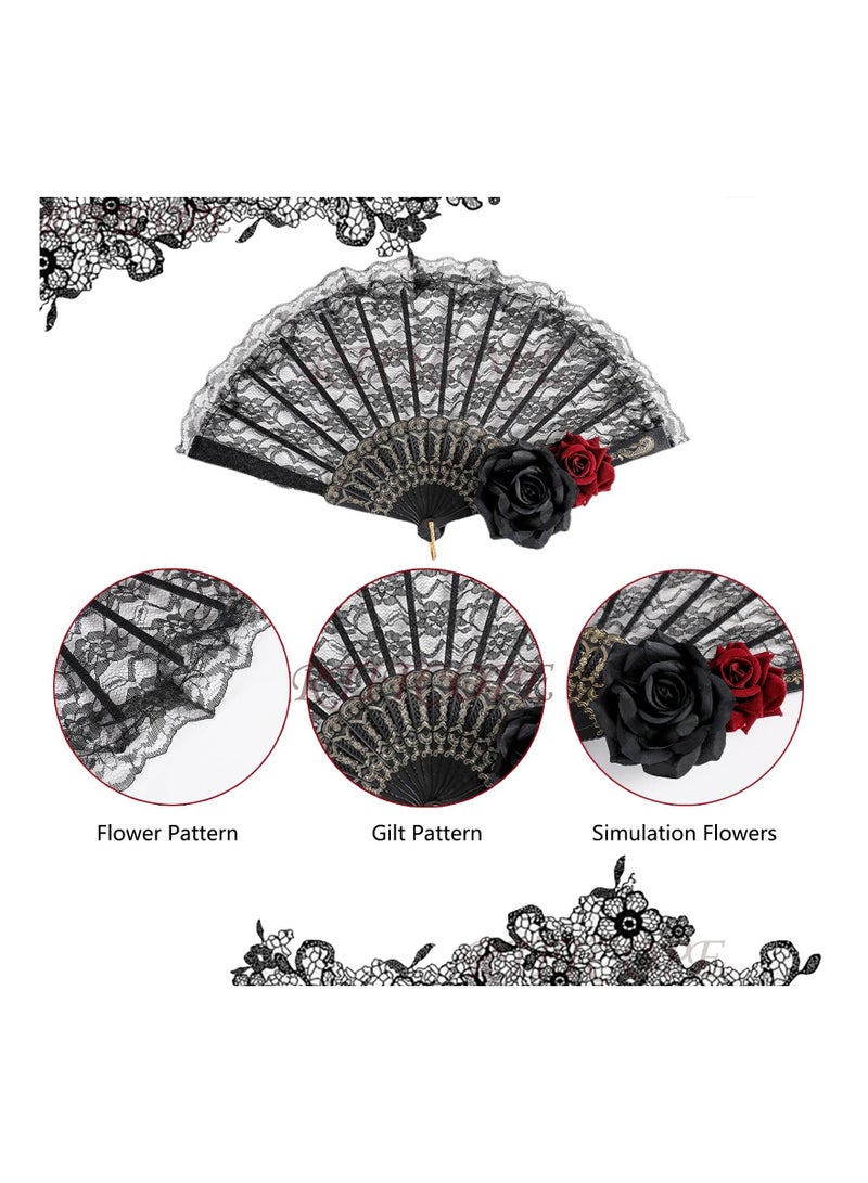 Excefore مراوح يد قابلة للطي من الدانتيل الأسود مع وردة، قلادة تشوكر على شكل زهرة للنساء، تصميم إسباني قديم لمروحة يد مزهرة، - Image 3