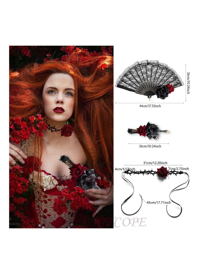 Excefore مراوح يد قابلة للطي من الدانتيل الأسود مع وردة، قلادة تشوكر على شكل زهرة للنساء، تصميم إسباني قديم لمروحة يد مزهرة، - Image 2